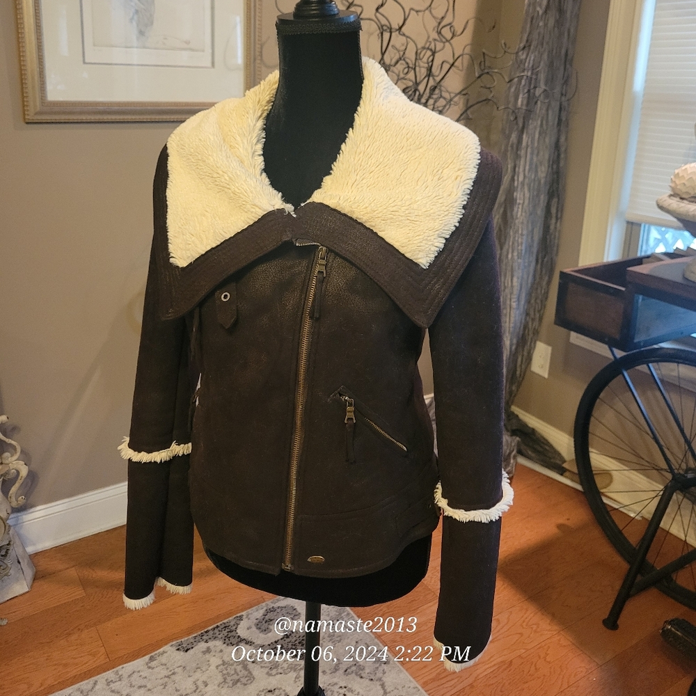 Guess Faux Shearling Sherpa Jacket Faux Suede Distressed Finish Designer #71
